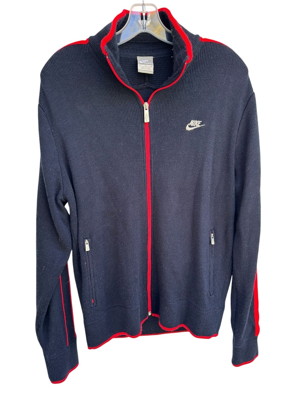 Nike Men’s Medium Knit Full Zip Sweater Wool Blend Mock Neck Y2K Navy Red